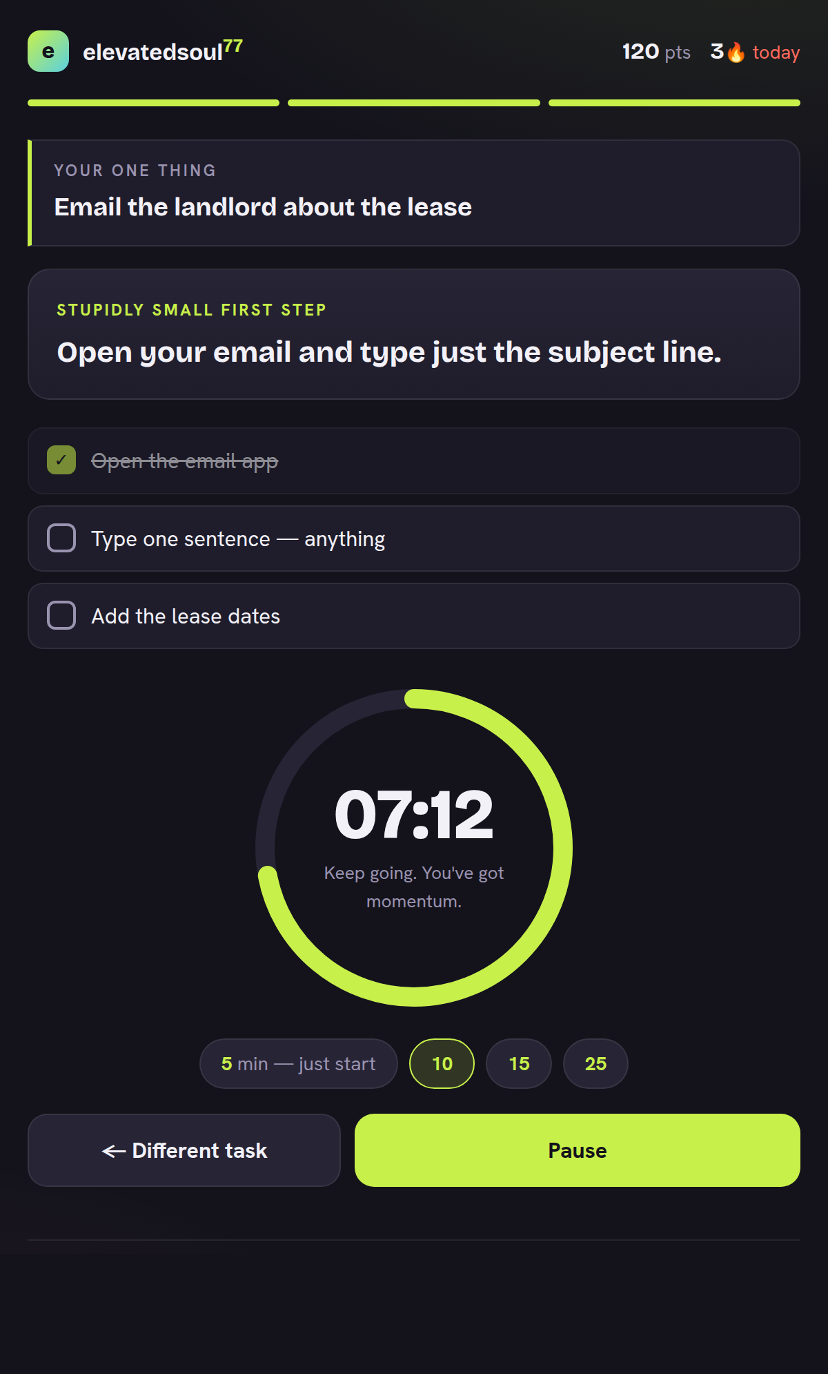 Just Start, by elevatedsoul77 — the focus tool built for how ADHD brains actually work. The hard part isn't the task. It's starting. So that's what this fixes.