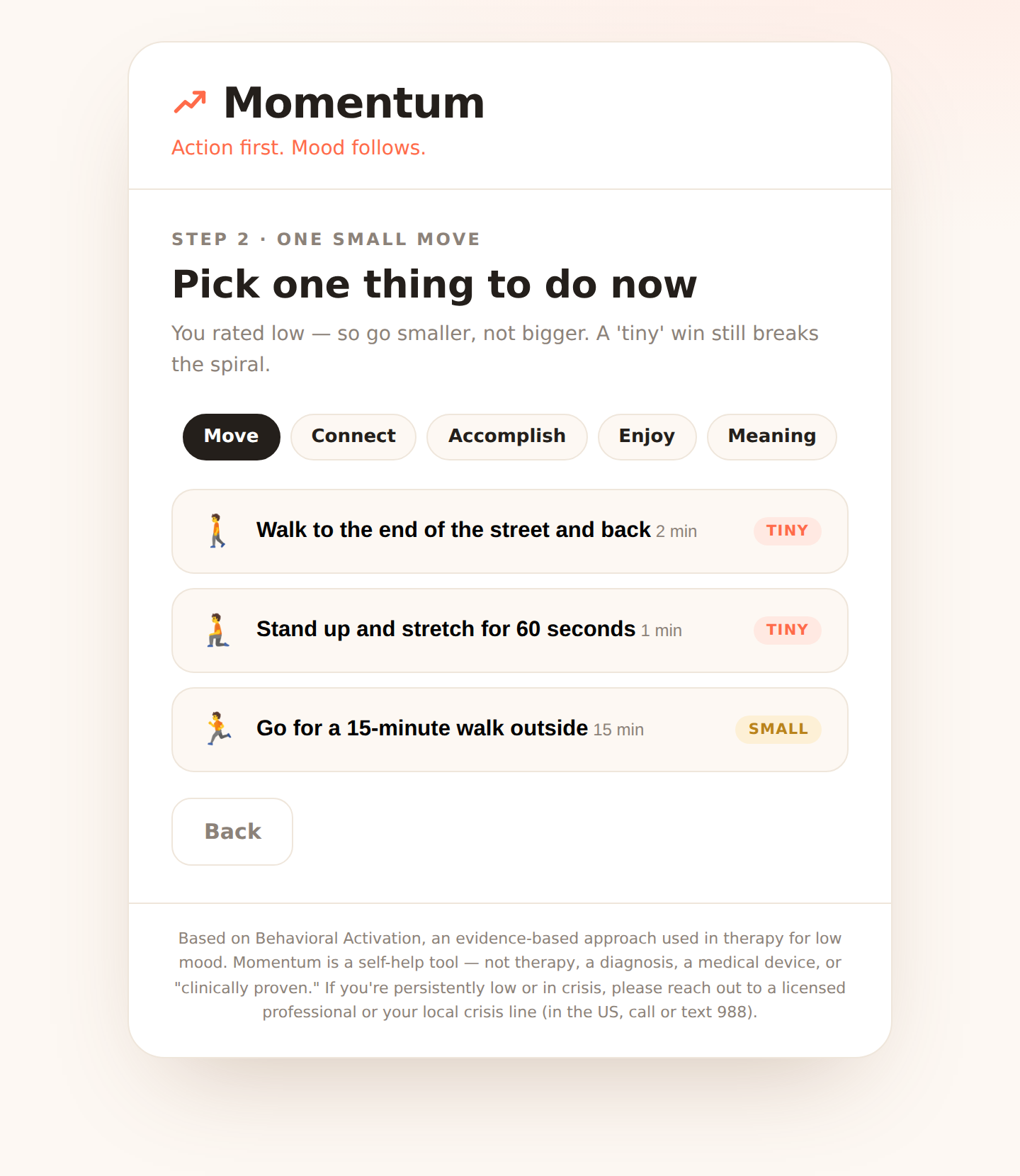 Momentum — Behavioral Activation Tool for Low Mood & Motivation | Action-First Mood Booster | Self-Help Web App (Instant Download)